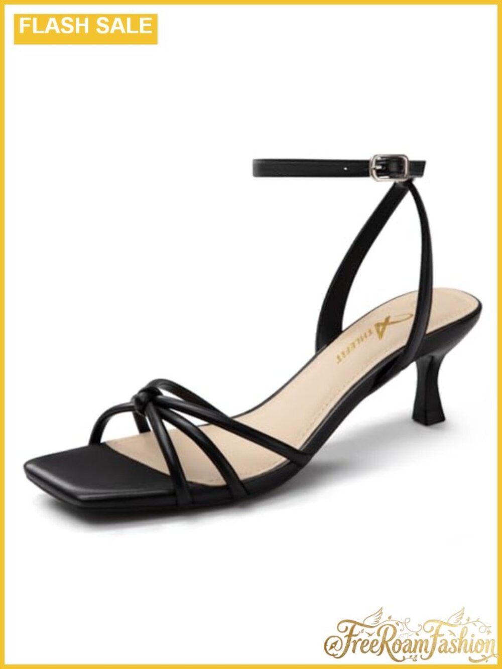 Kitten Heel Square Toe Strappy Heeled Sandals Ankle Strap